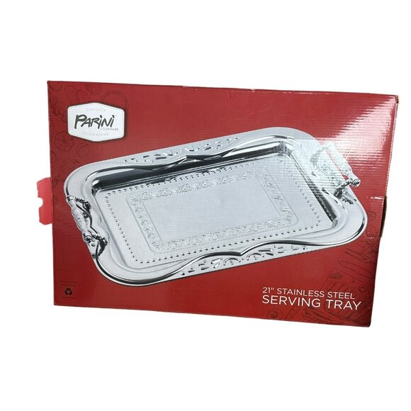 Parini 21" Stainless Steel Serving Tray Decorative Handles Elegant Design - Picture 4 of 8